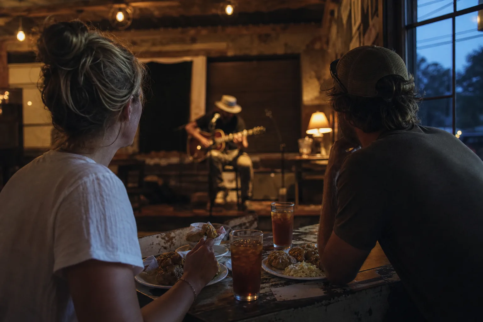 Livemusik och regional mat på en avslappnad kväll i amerikanska sydstaterna