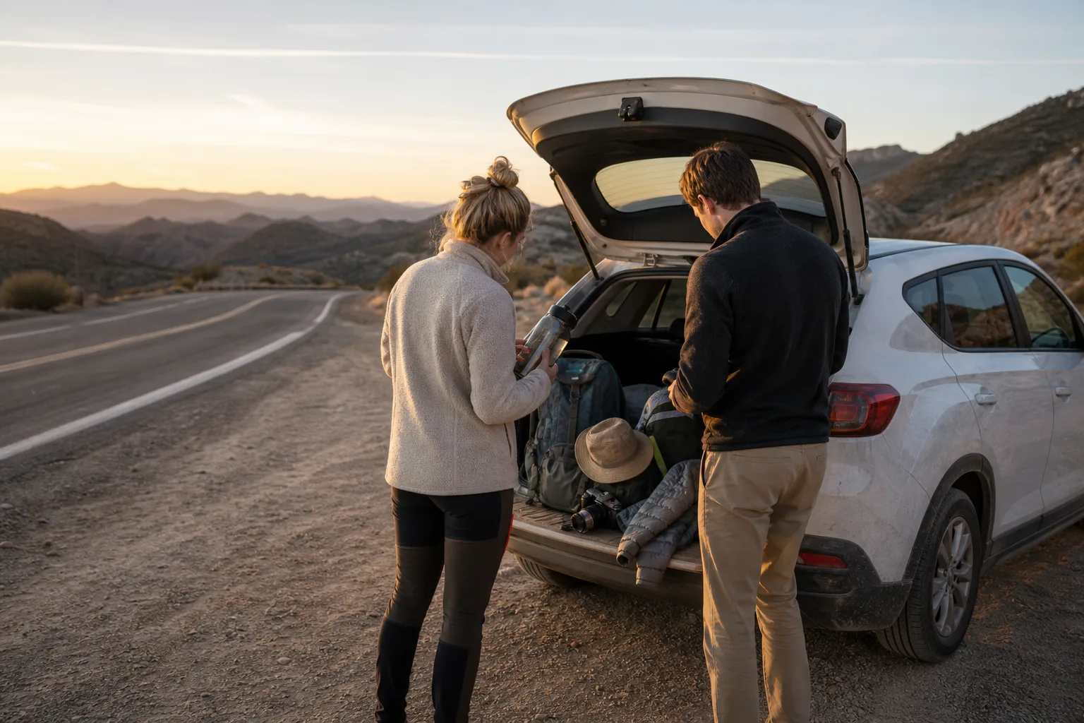 Roadtripresenärer väljer utrustning och stopp vid en öppen bil inför dagens aktiviteter