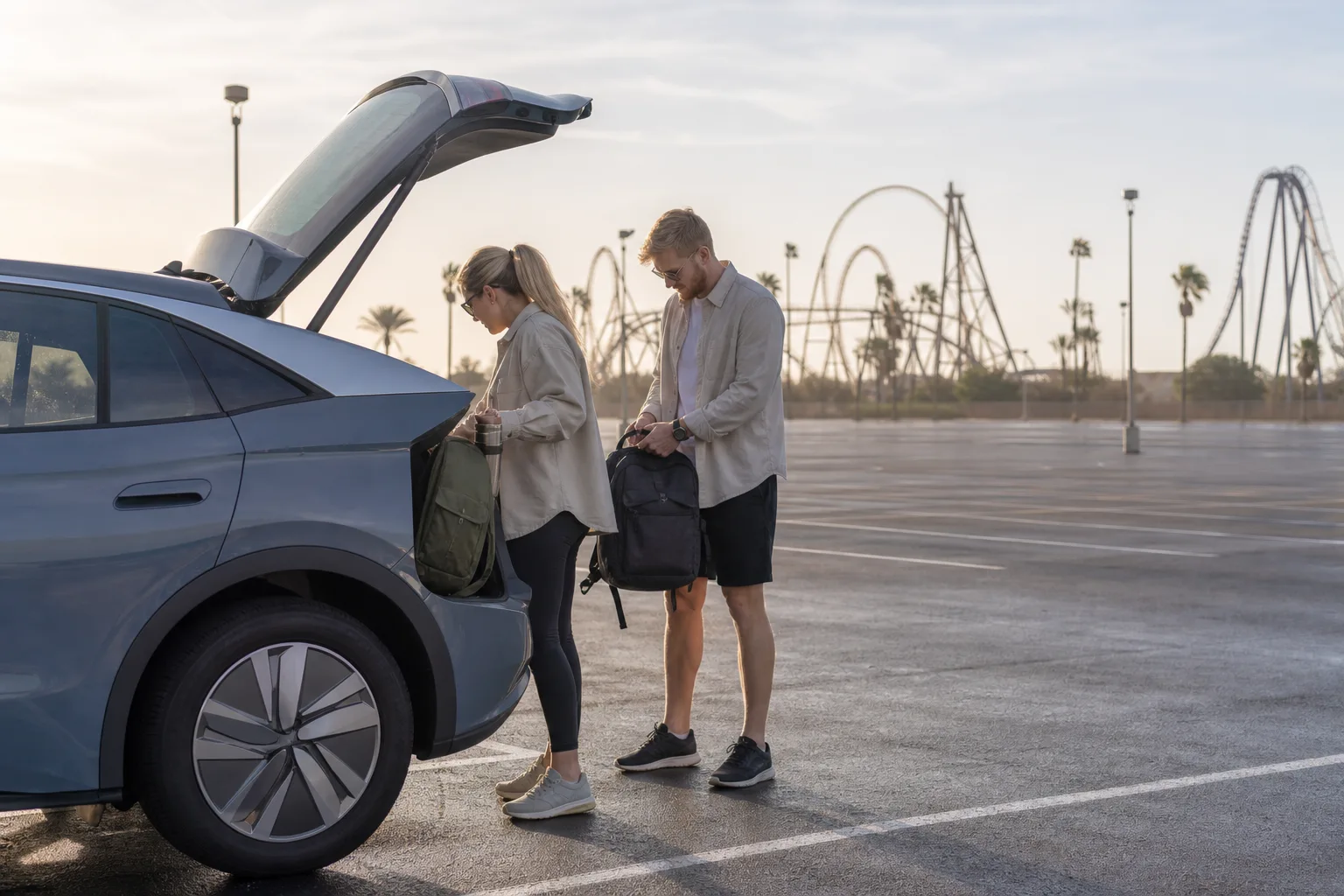 En familj förbereder parkdagen vid bilen med en berg- och dalbana i bakgrunden