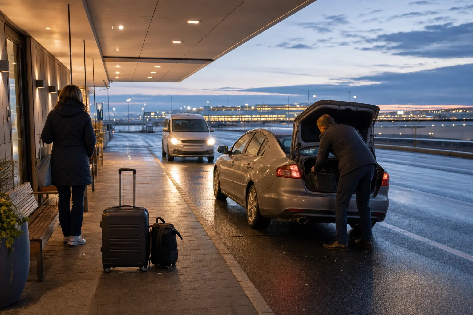Flygplatsnära hotell med bagage och hyrbil för en enkel första natt