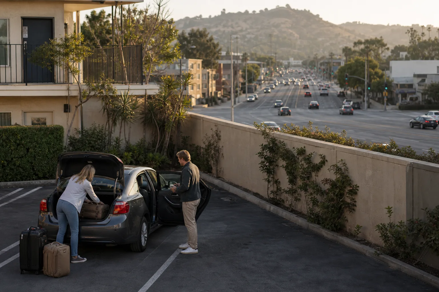 Resenärer lastar bilen vid ett hotell nära en stor trafikled i Los Angeles