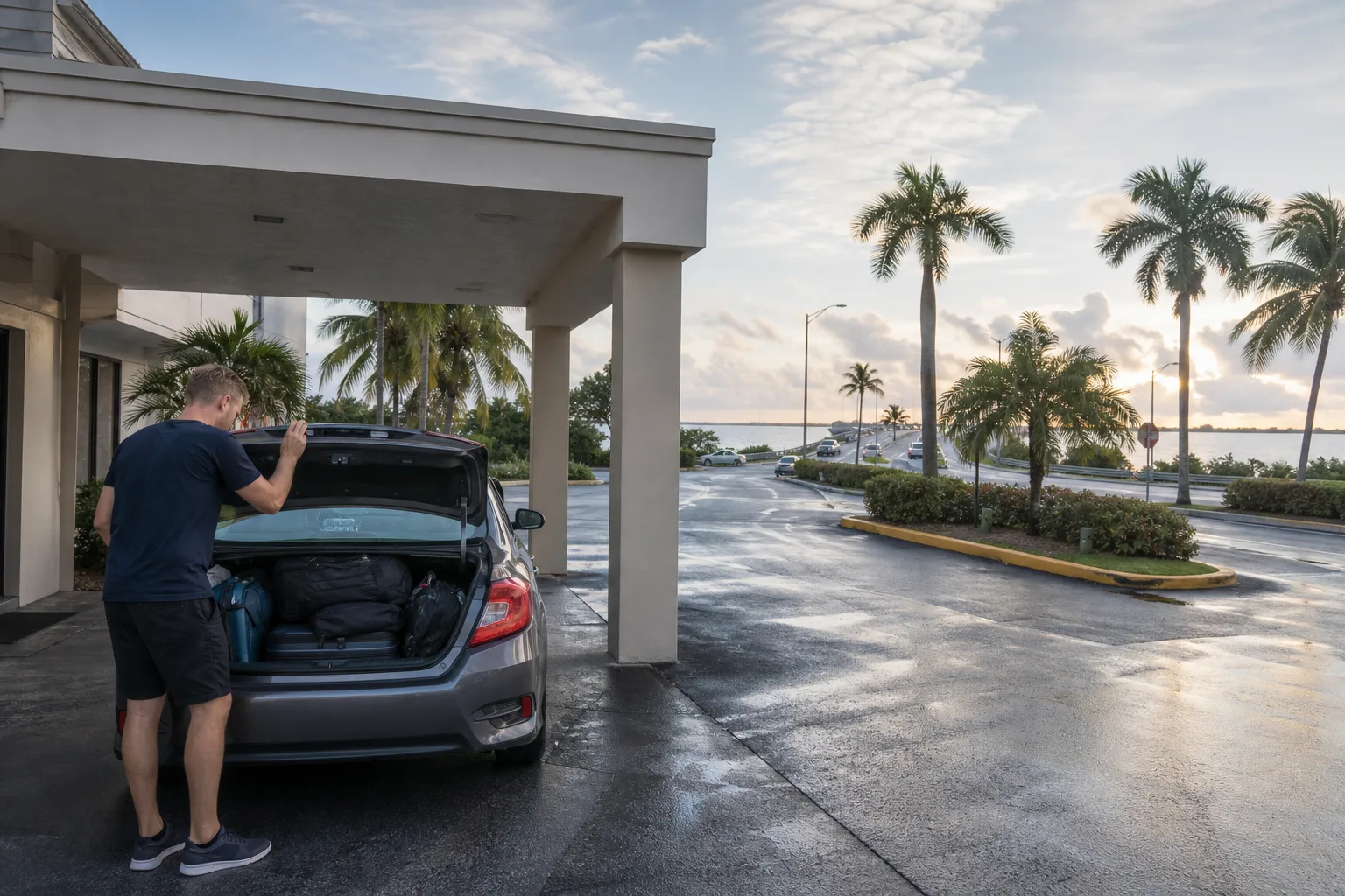 Packad hyrbil vid ett skuggigt hotell inför avfärd från Miami