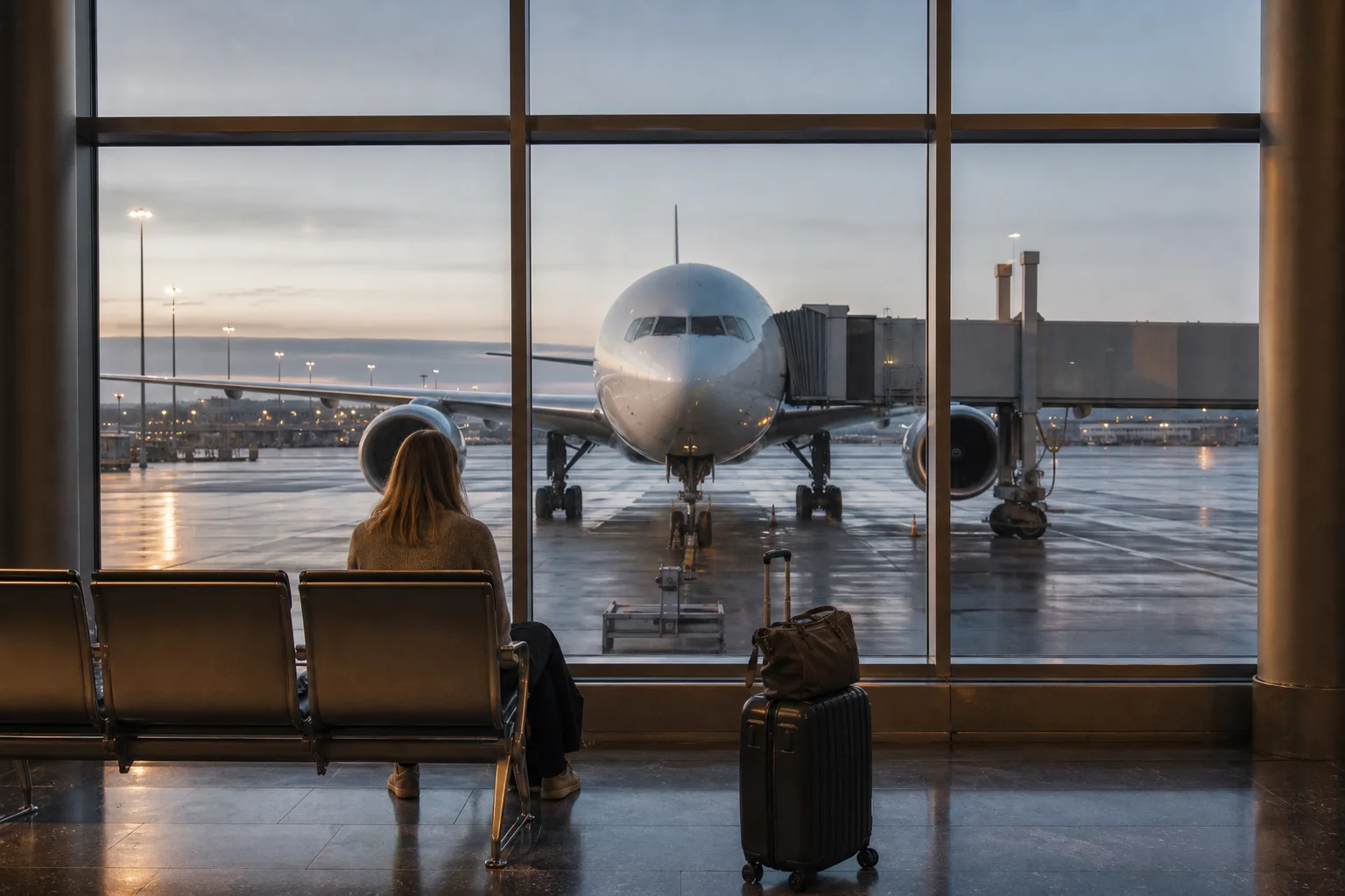 Resenär vid avgångsgate inför ett direktflyg till USA