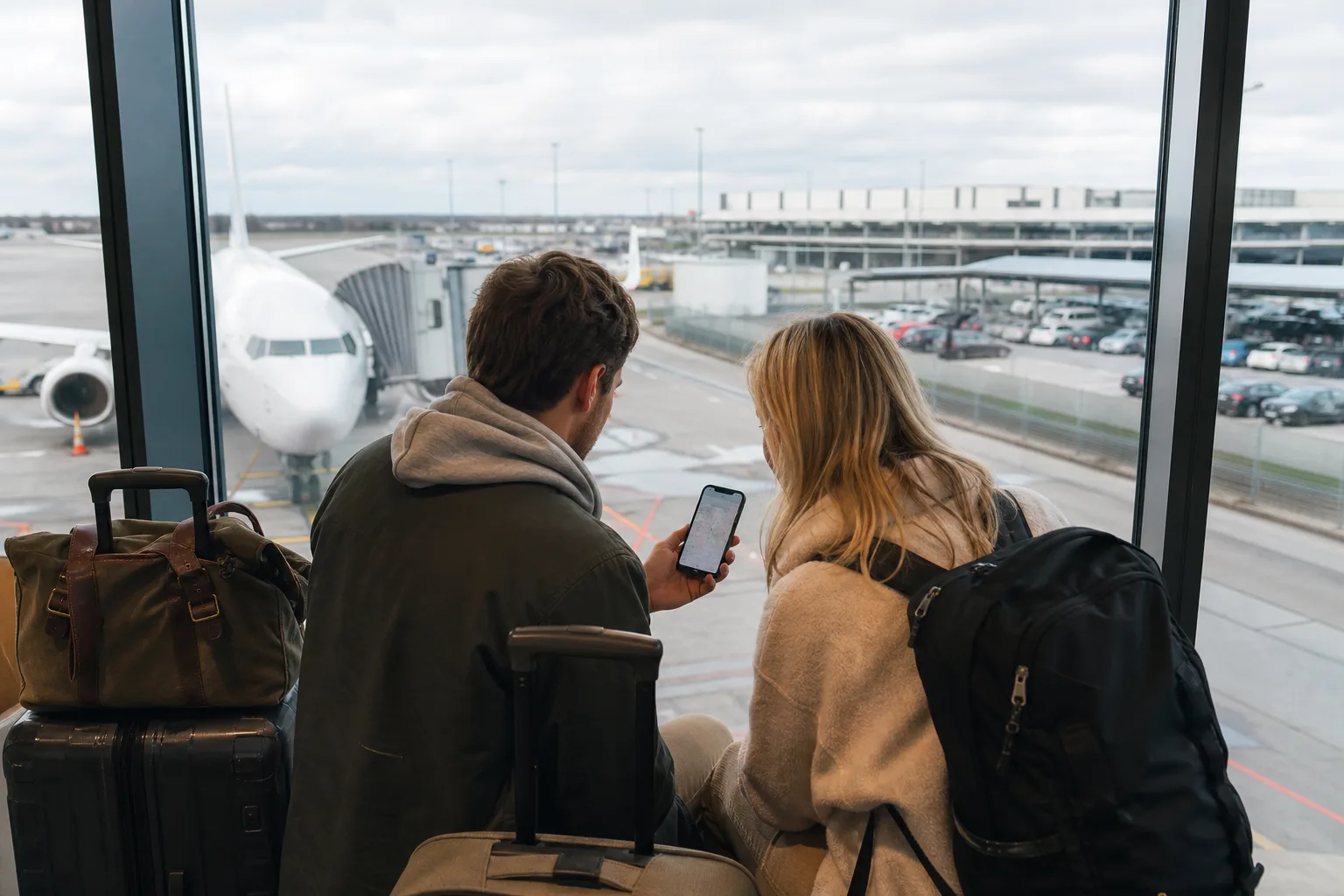 Resenärer planerar flygankomst och hyrbilsstart vid terminalfönstret
