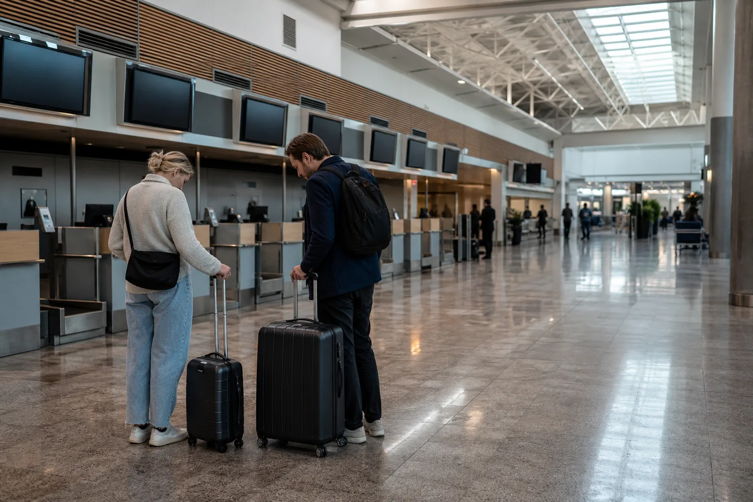 Resenärer jämför bagage och anslutning vid neutrala flygplatsdiskar
