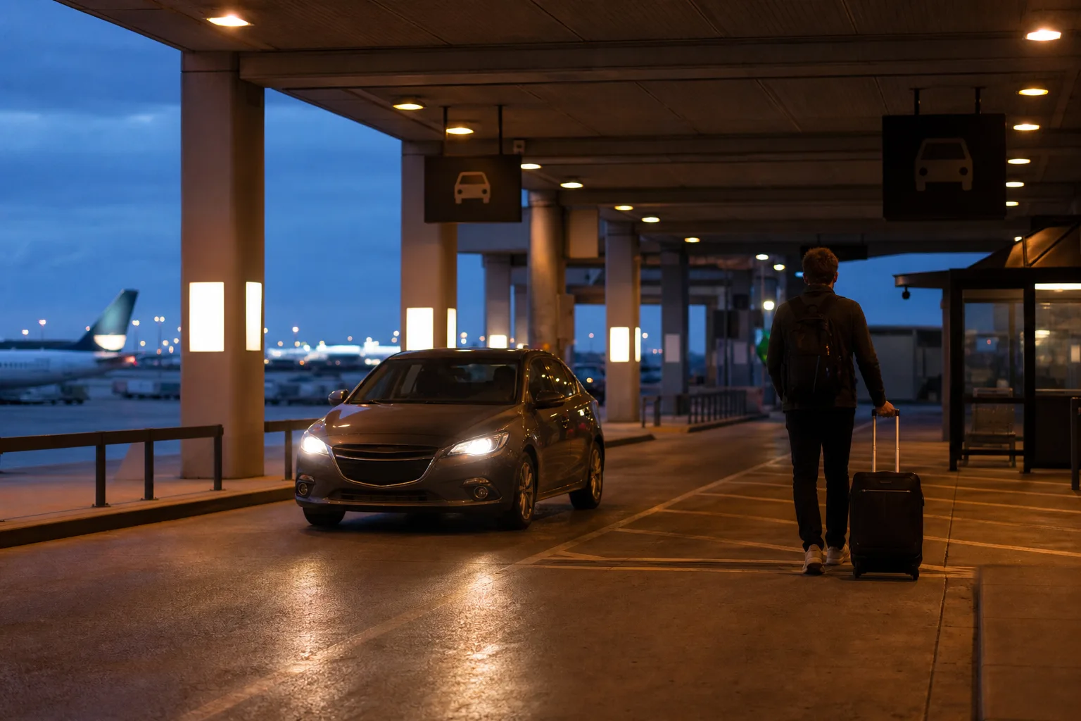 Hyrbil i en flygplats returfil tidigt på morgonen