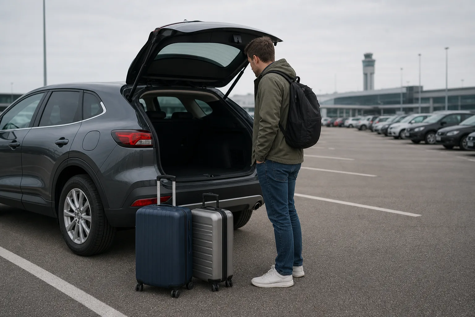 Resenär som kontrollerar en hyrbil och sitt bagage vid uthämtning
