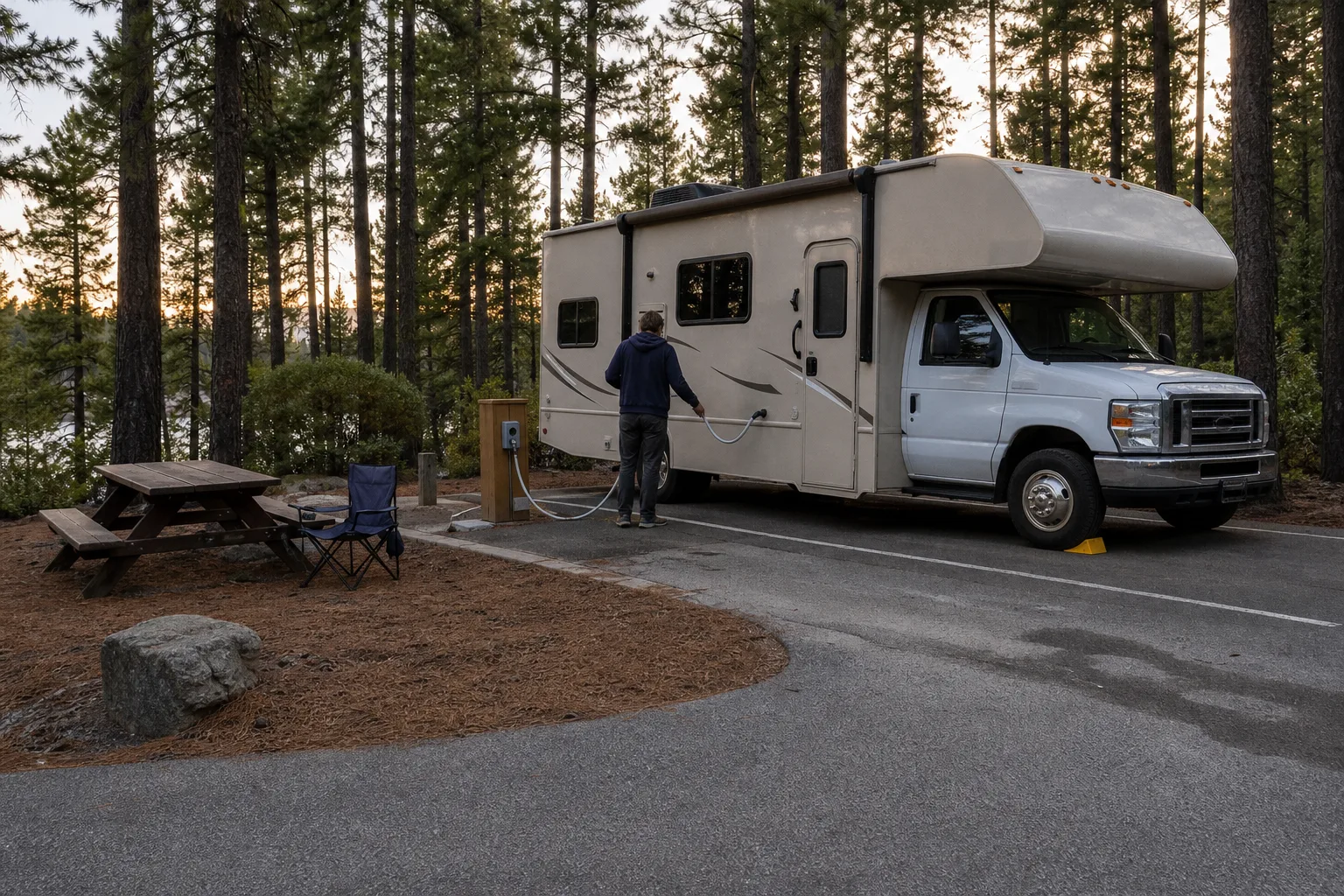 Kompakt husbil på en ordnad campingplats i amerikansk skogsmiljö