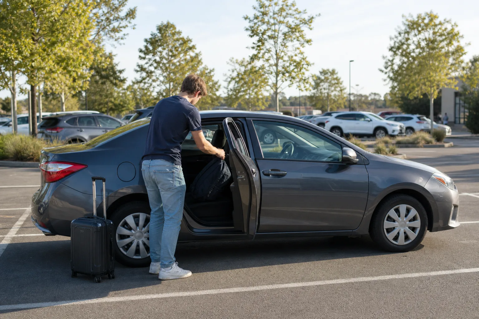 Ung vuxen förare som lastar en kompakt hyrbil inför en roadtrip