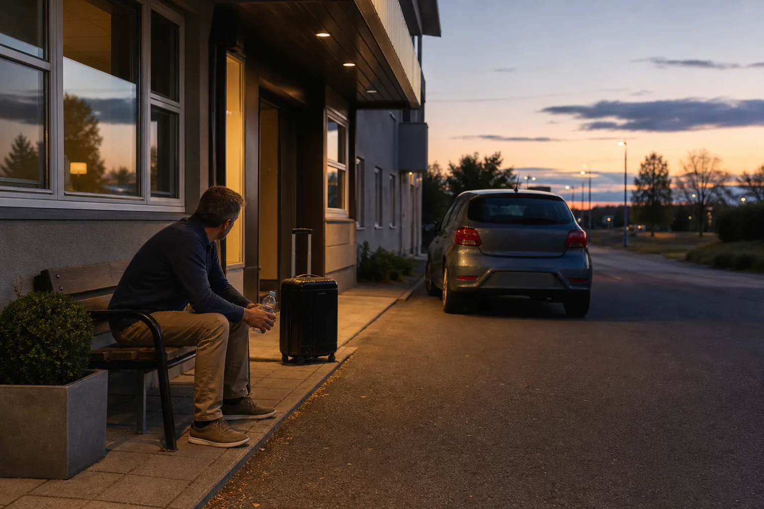 Trött resenär som väljer hotellstopp i stället för en lång första kördag