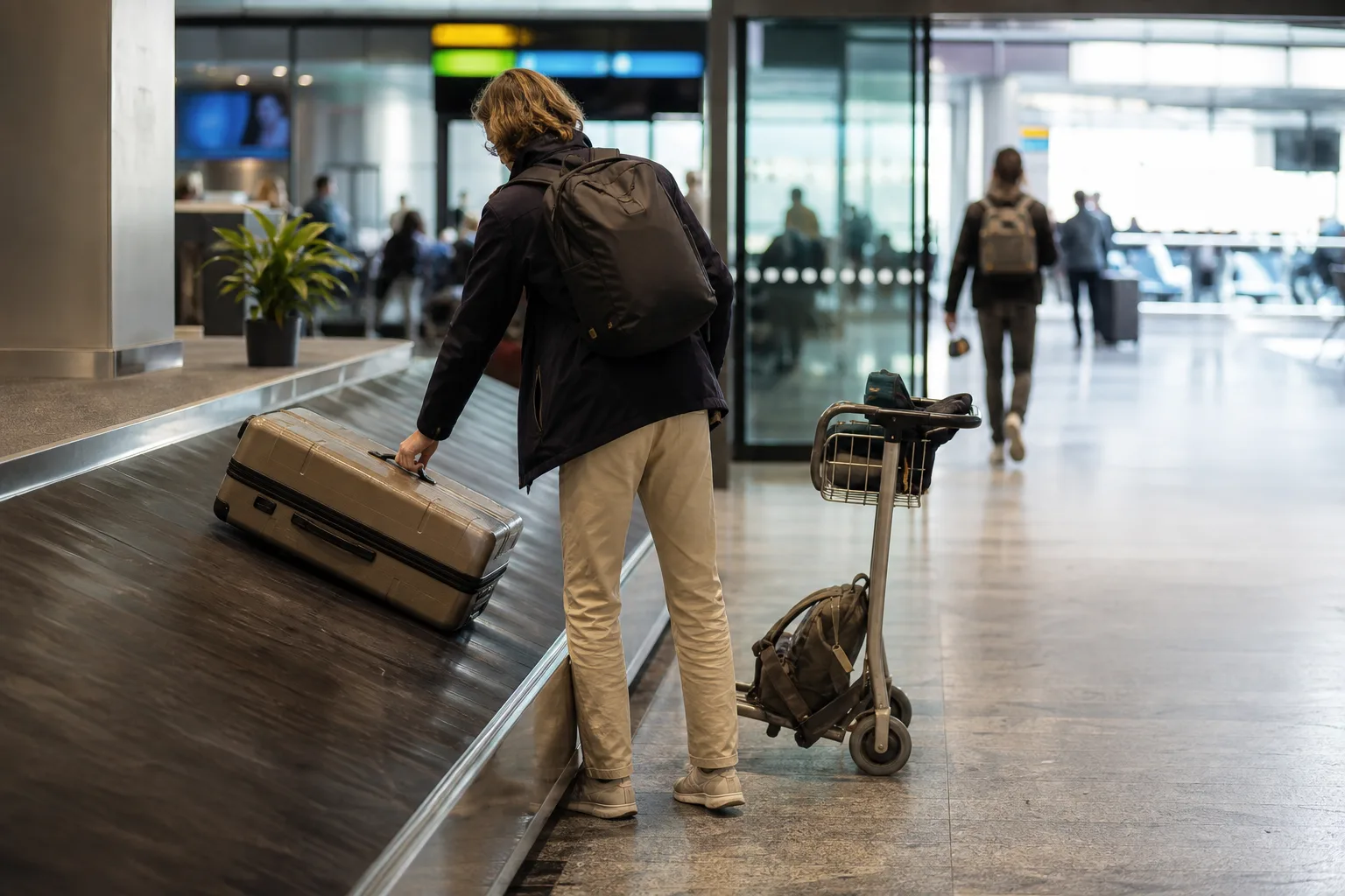 Resenär med incheckad väska under en mellanlandning i USA