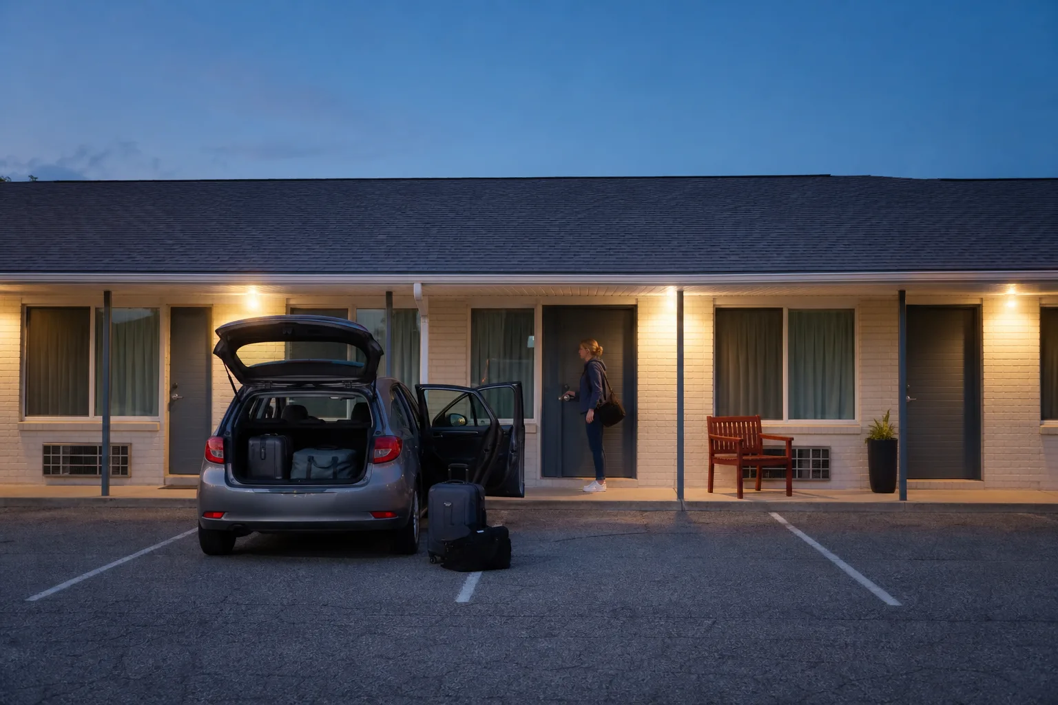 Ren motellrad med bilen parkerad nära rummet på en USA-roadtrip