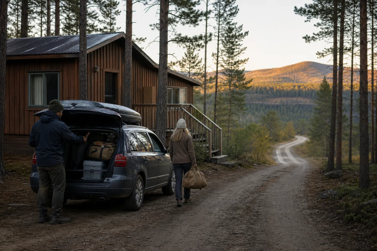 Rustikt boende nära en nationalparksväg inför en tidig parkdag