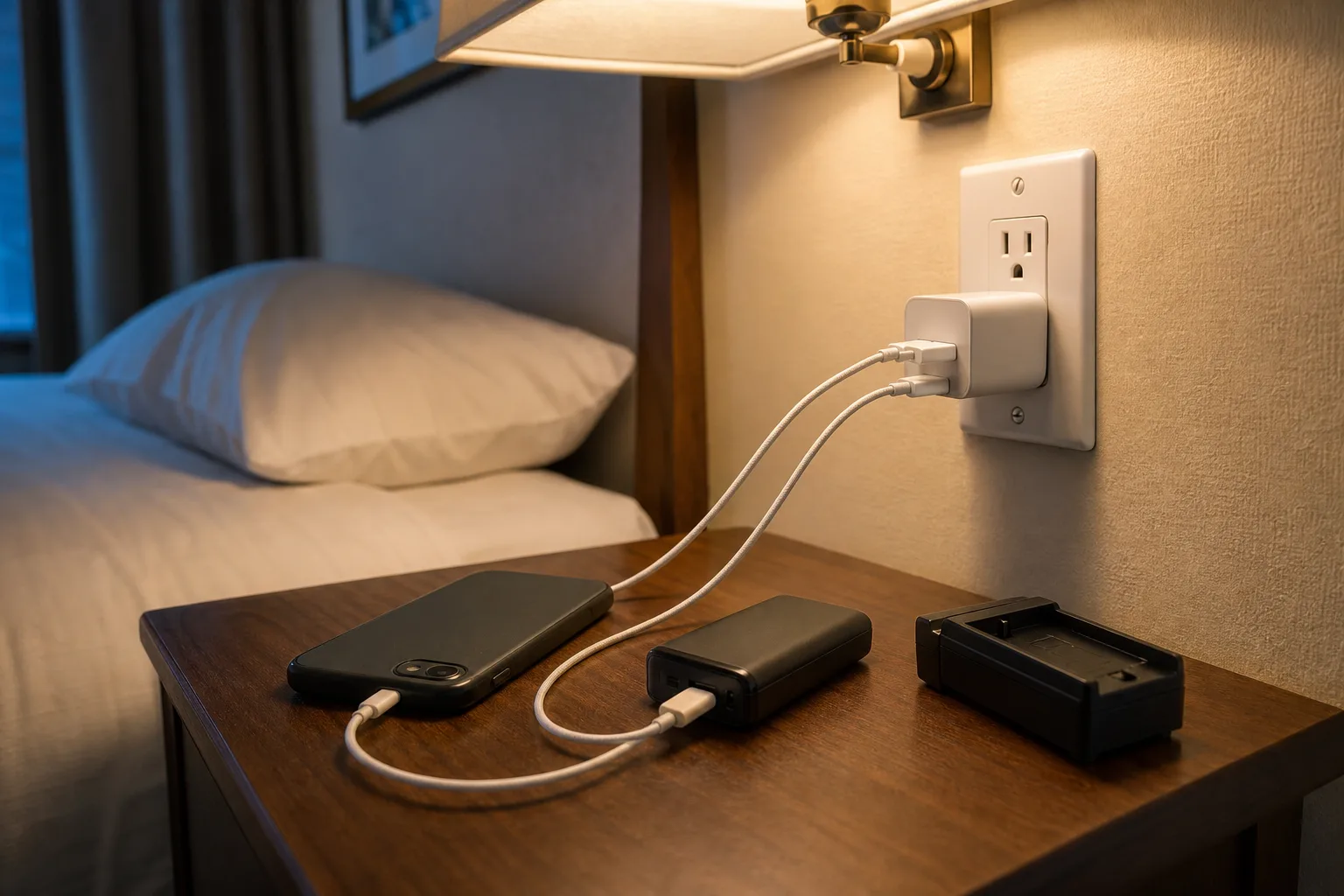 En reseadapter laddar telefon och powerbank vid ett amerikanskt vägguttag