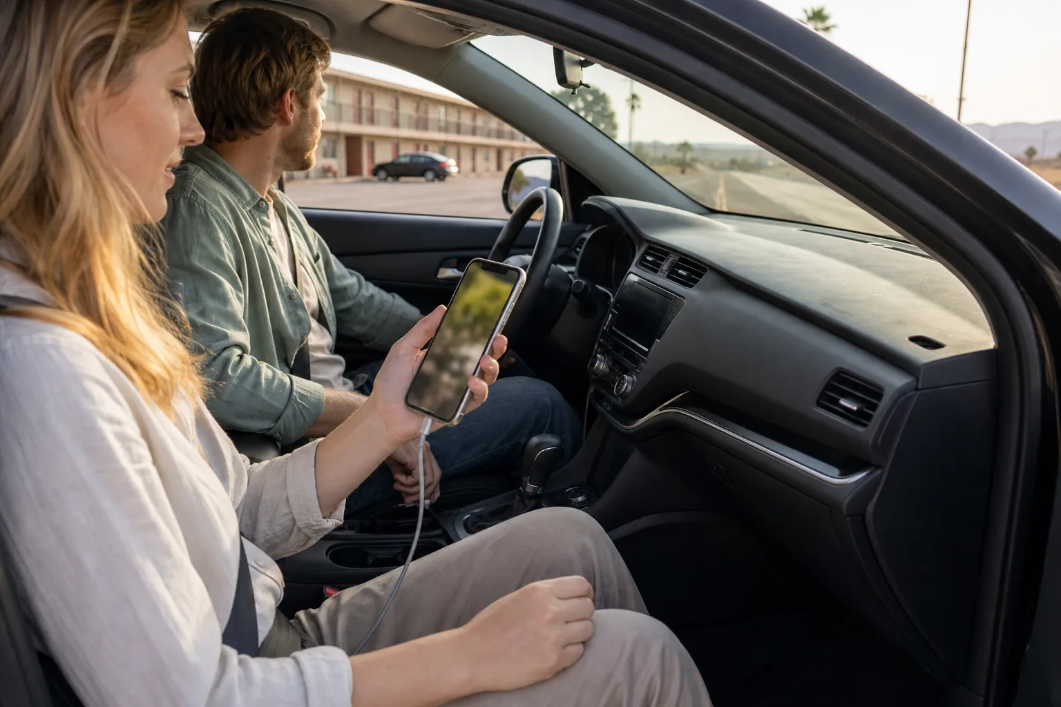En passagerare förbereder mobiluppkopplingen innan bilen kör från motellet