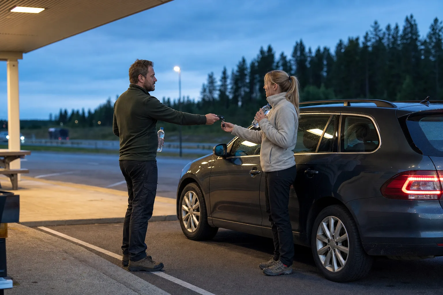 Två resenärer byter förare vid en upplyst rastplats innan mörkerkörning