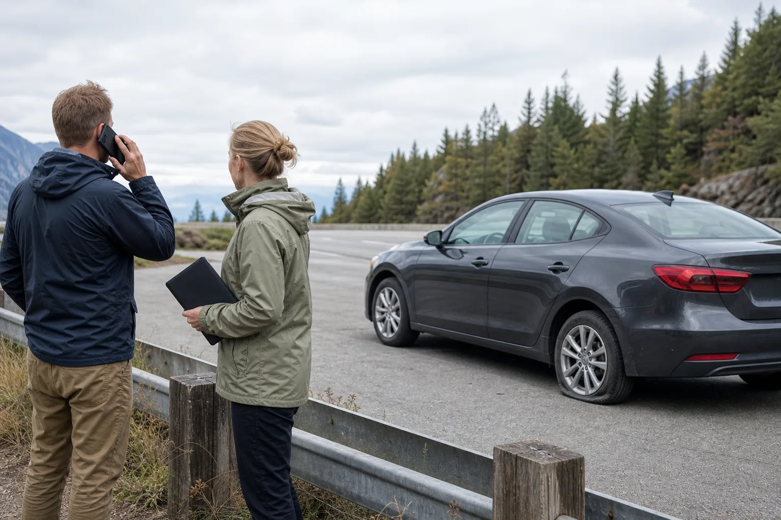 Resenärer kontaktar vägassistans från en säker plats vid ett mindre bilproblem