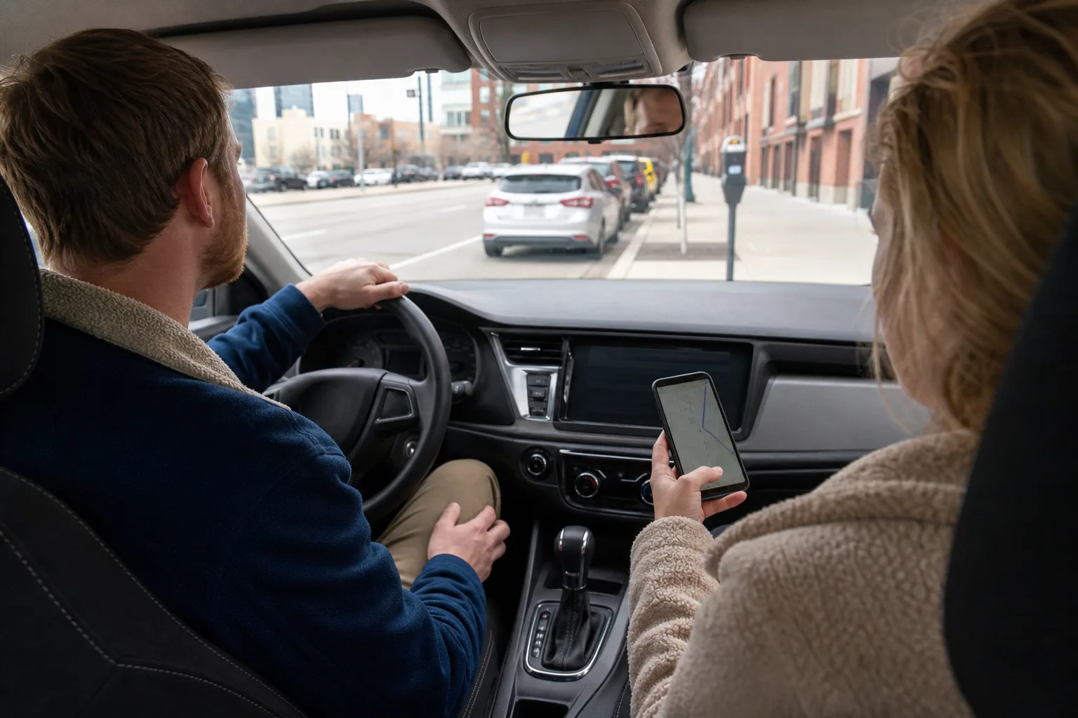 Passageraren kontrollerar navigation medan bilen står parkerad vid en stadsgata