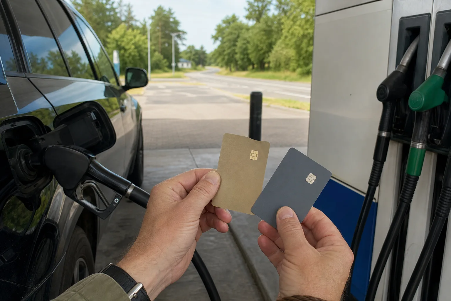 En resenär håller två neutrala betalkort vid en bensinpump som reservlösning