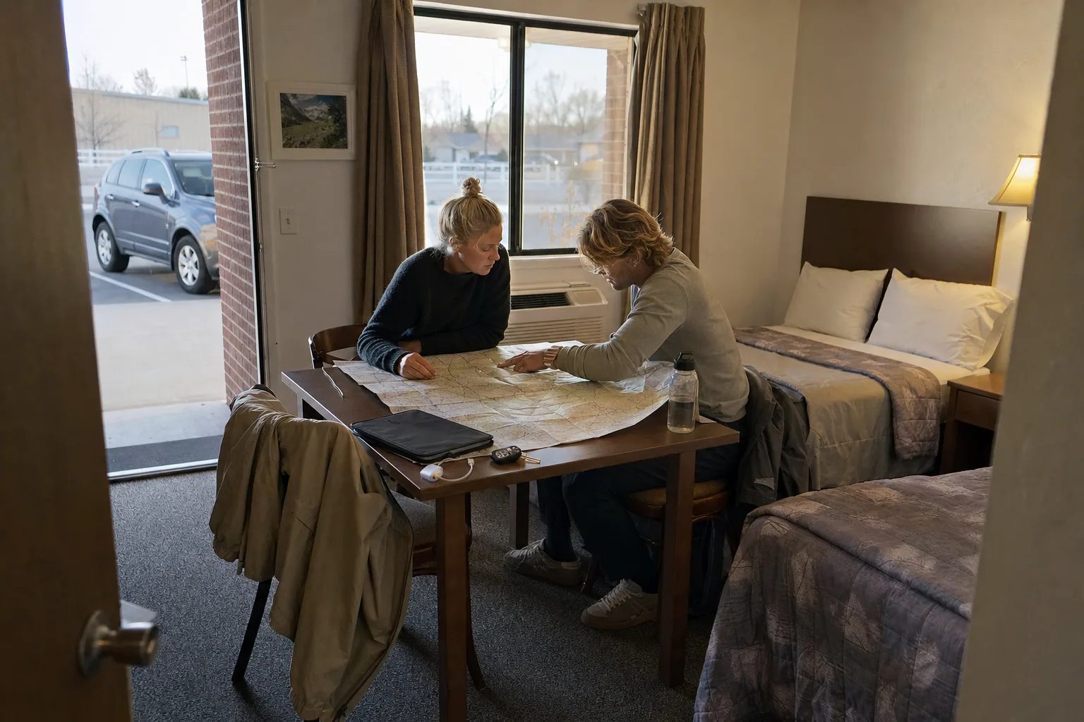 Roadtripresenärer planerar kördagar och utrustning på ett motellrum i USA