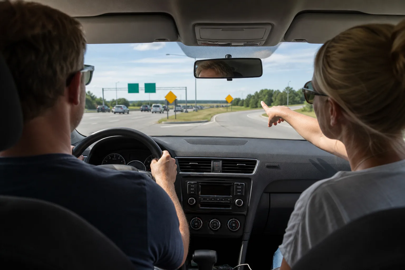 Förare orienterar sig bland amerikanska vägskyltar före en motorvägspåfart