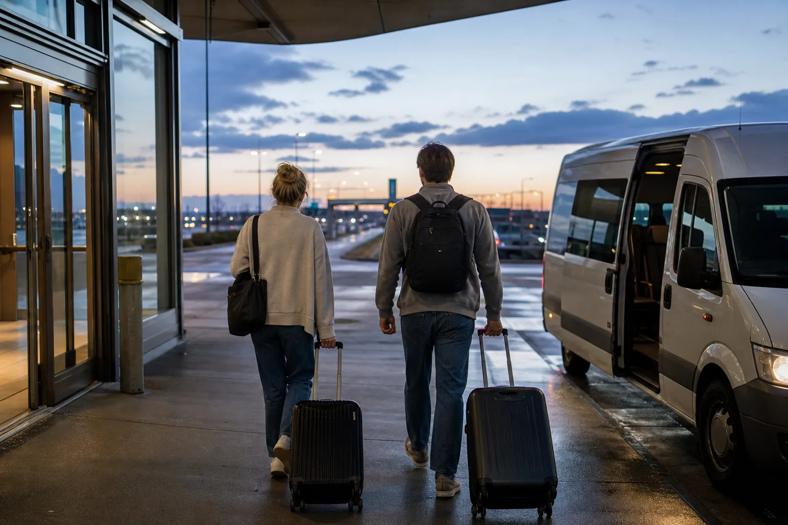 Resenärer med bagage på väg från en amerikansk flygplats till hyrbilen