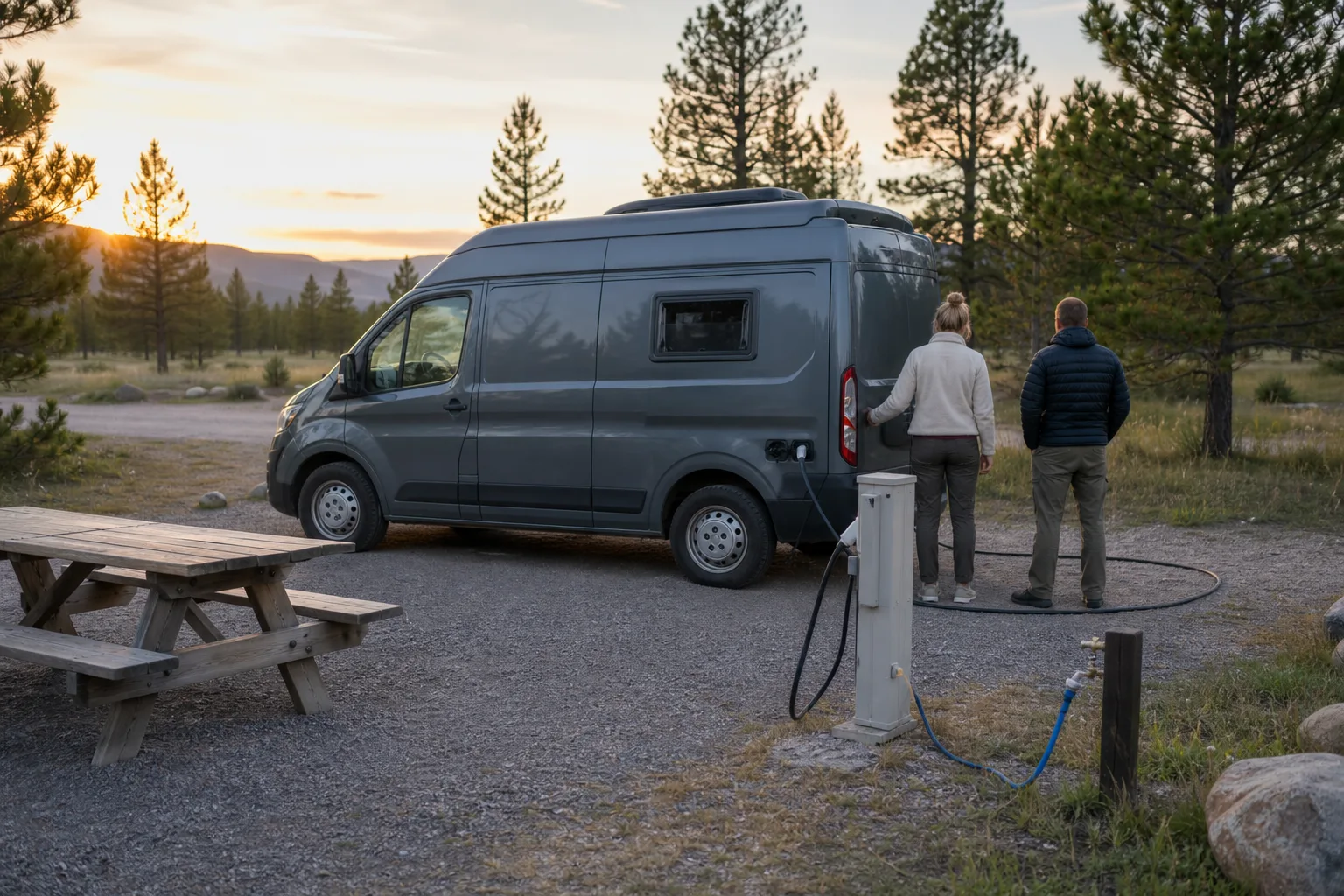 Campervan ansluten vid en ordnad campingplats i USA