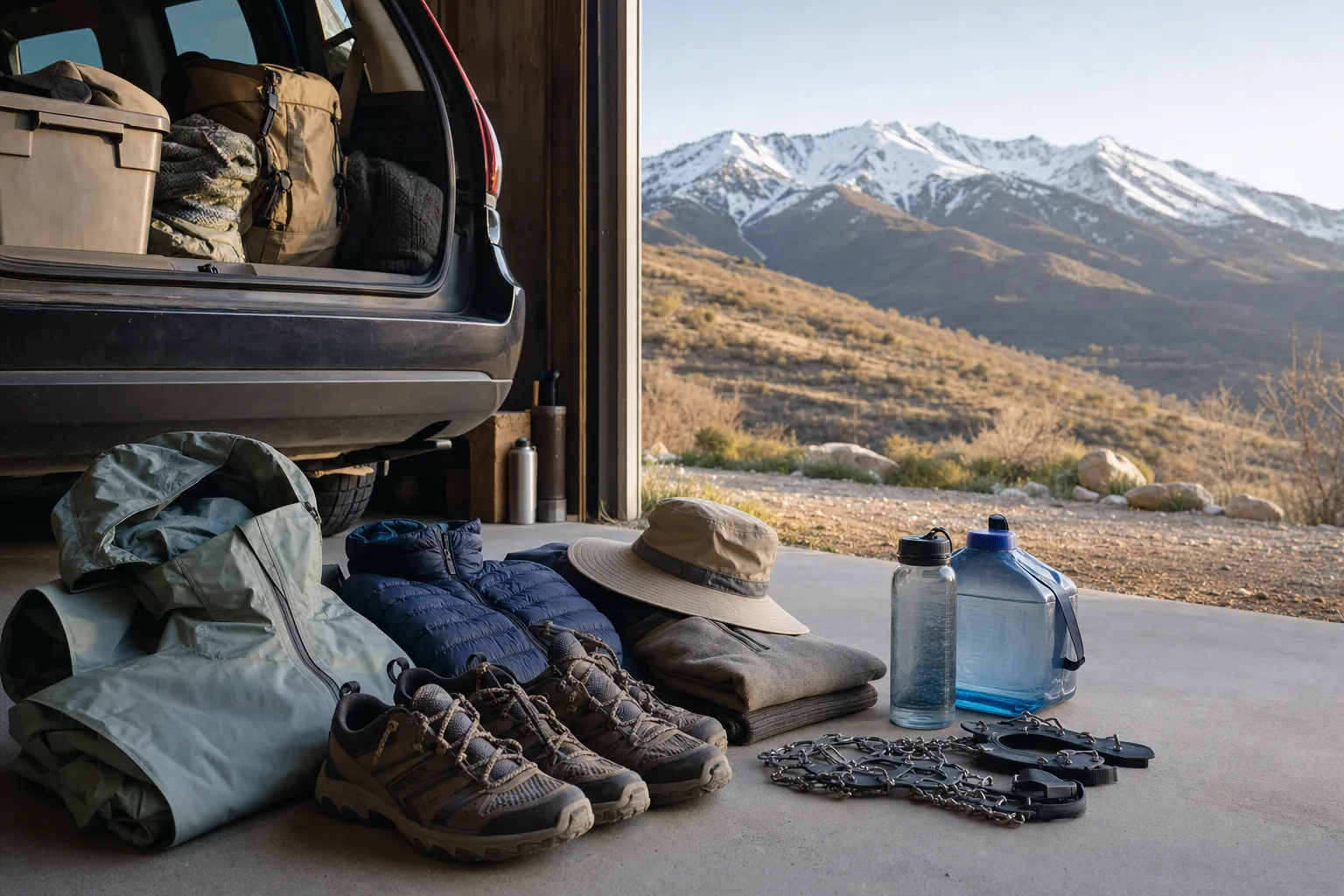 Säsongsutrustning packad inför roadtrip genom varierade amerikanska klimat