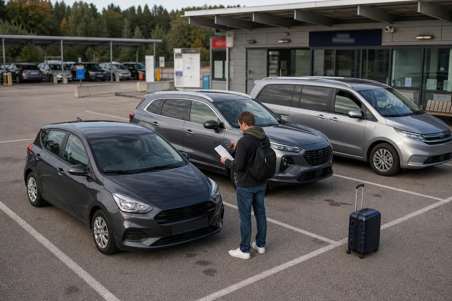 Tre olika hyrbilar uppställda för jämförelse på en neutral biluthyrning